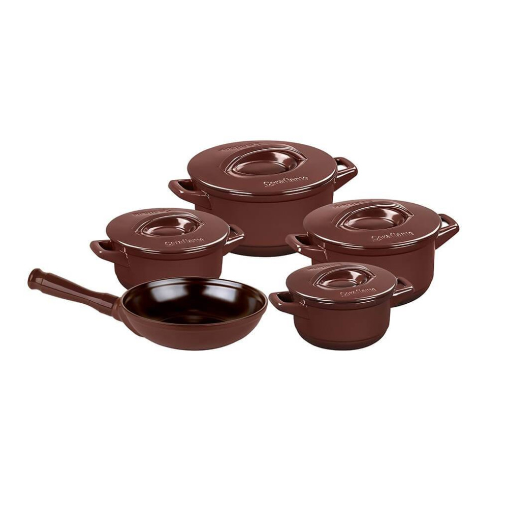 Conjunto Caçarola e Frigideira de Ceramica Duo+ 5 Peças Chocolate